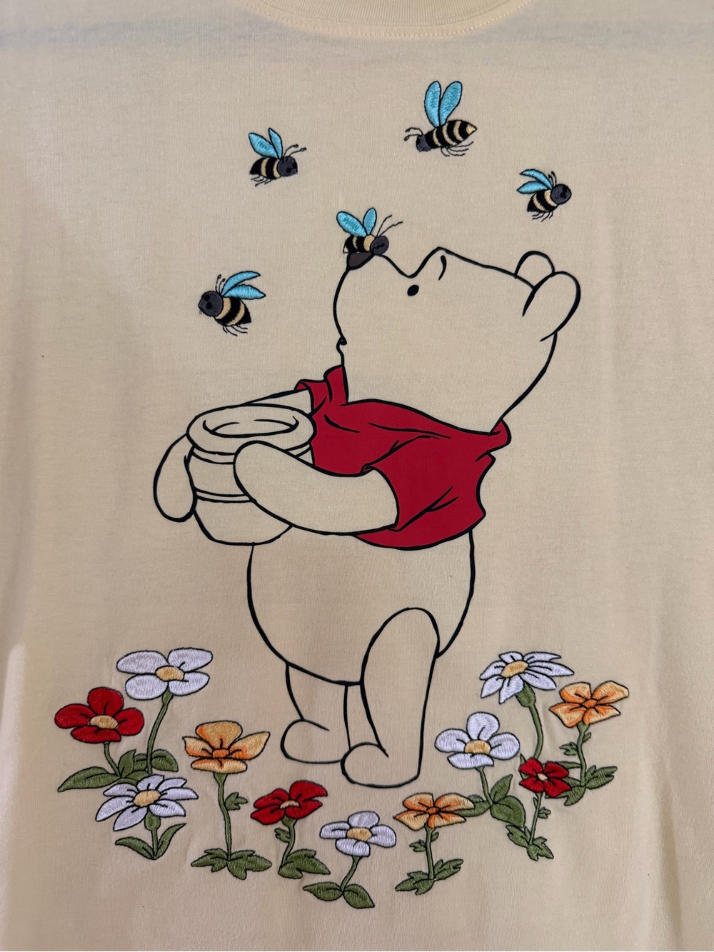 Winnie the Pooh Women’s  Yellow Graphic Tee with Embroidered Flowers and Bees
